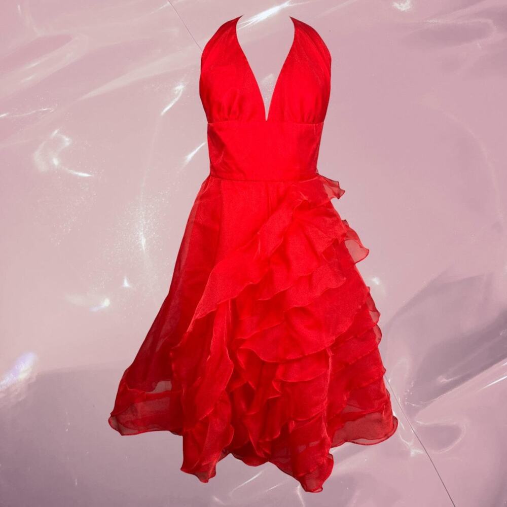 Vintage 60s Custom Red Halter Bombshell Romantic Ruffle Gown